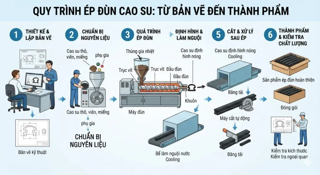 Ép Đùn Cao Su Theo Biên Dạng Yêu Cầu: Quy Trình OEM 2026 2 Sơ đồ sáu bước quy trình ép đùn cao su từ bản vẽ tới thành phẩm